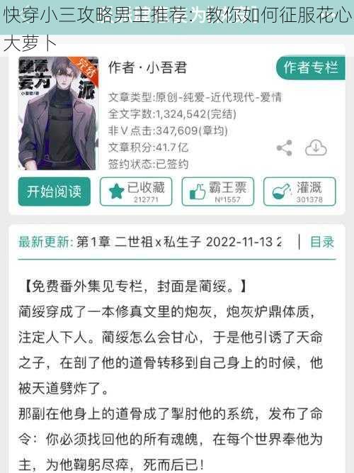 快穿小三攻略男主推荐：教你如何征服花心大萝卜