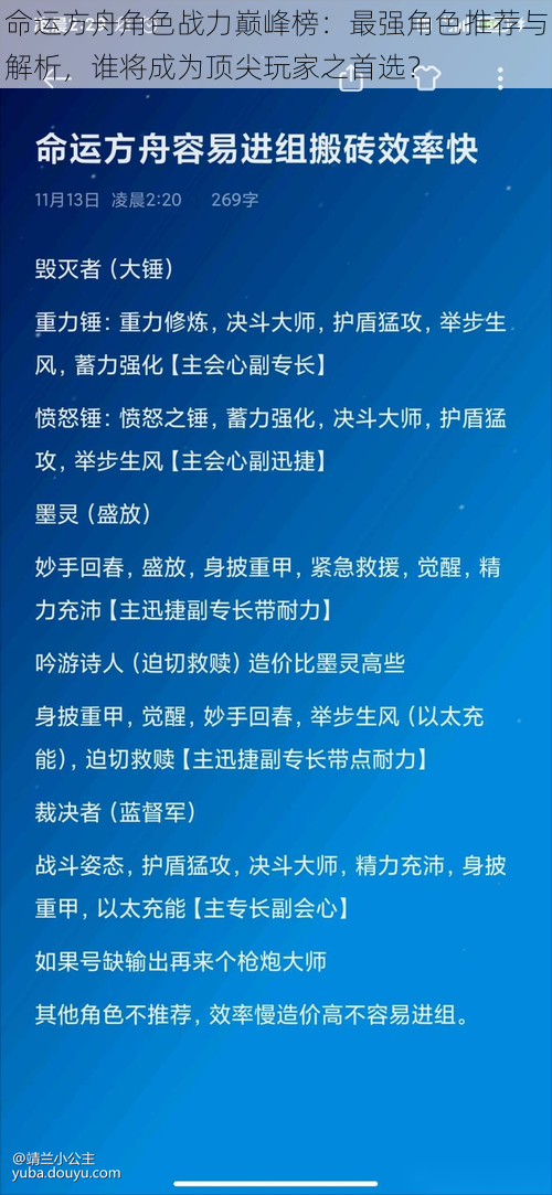 命运方舟角色战力巅峰榜：最强角色推荐与解析，谁将成为顶尖玩家之首选？