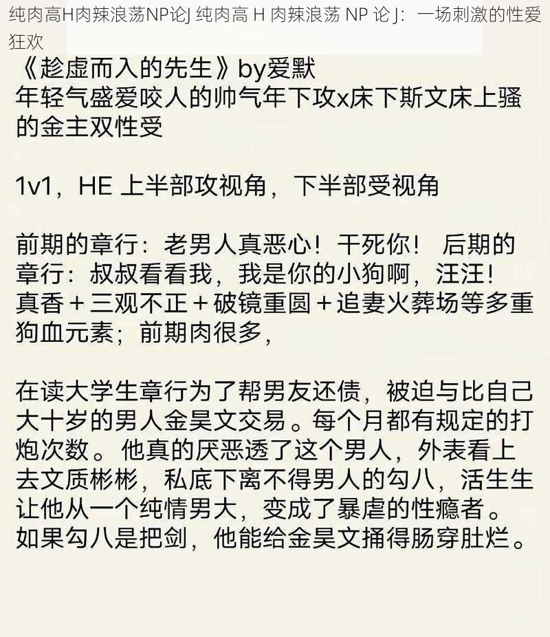 纯肉高H肉辣浪荡NP论J 纯肉高 H 肉辣浪荡 NP 论 J：一场刺激的性爱狂欢