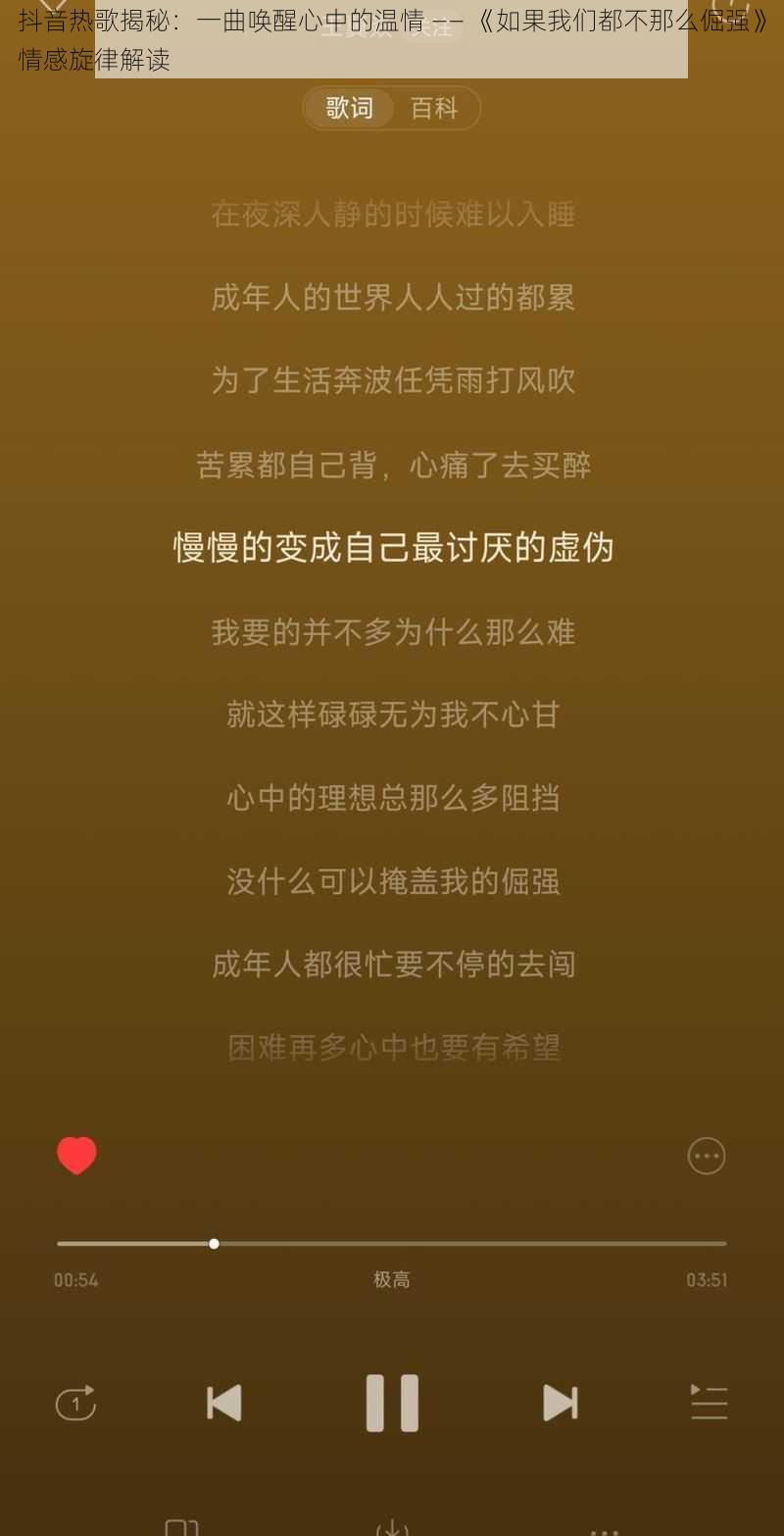 抖音热歌揭秘：一曲唤醒心中的温情 —— 《如果我们都不那么倔强》情感旋律解读